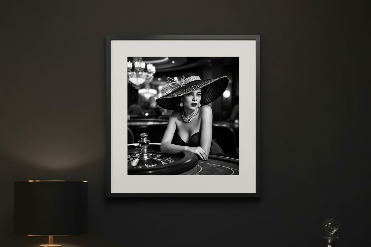 Close-up of framed glamour print in Art Deco boudoir
